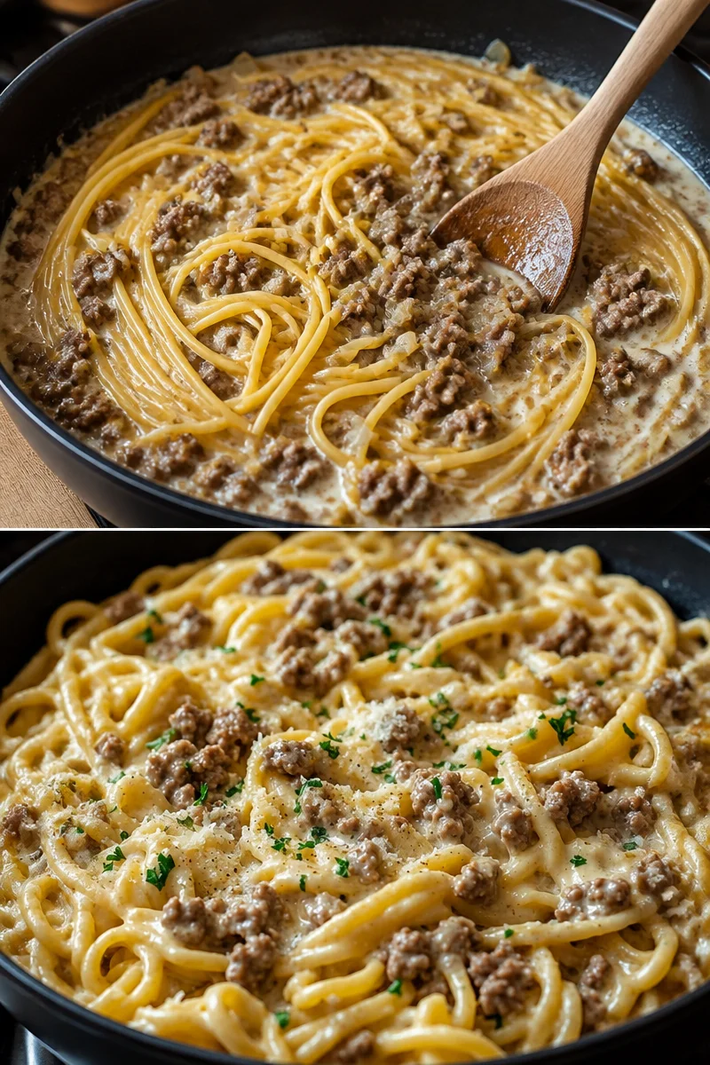 Cremige Knoblauchbutter-Pasta mit Hackfleisch aus einem Topf auf einem Teller serviert.