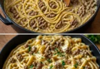 Cremige Knoblauchbutter-Pasta mit Hackfleisch in einem Topf zubereitet.