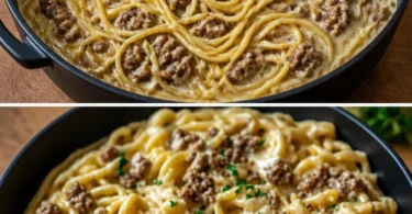 Cremige Knoblauchbutter-Pasta mit Hackfleisch in einem Topf zubereitet.