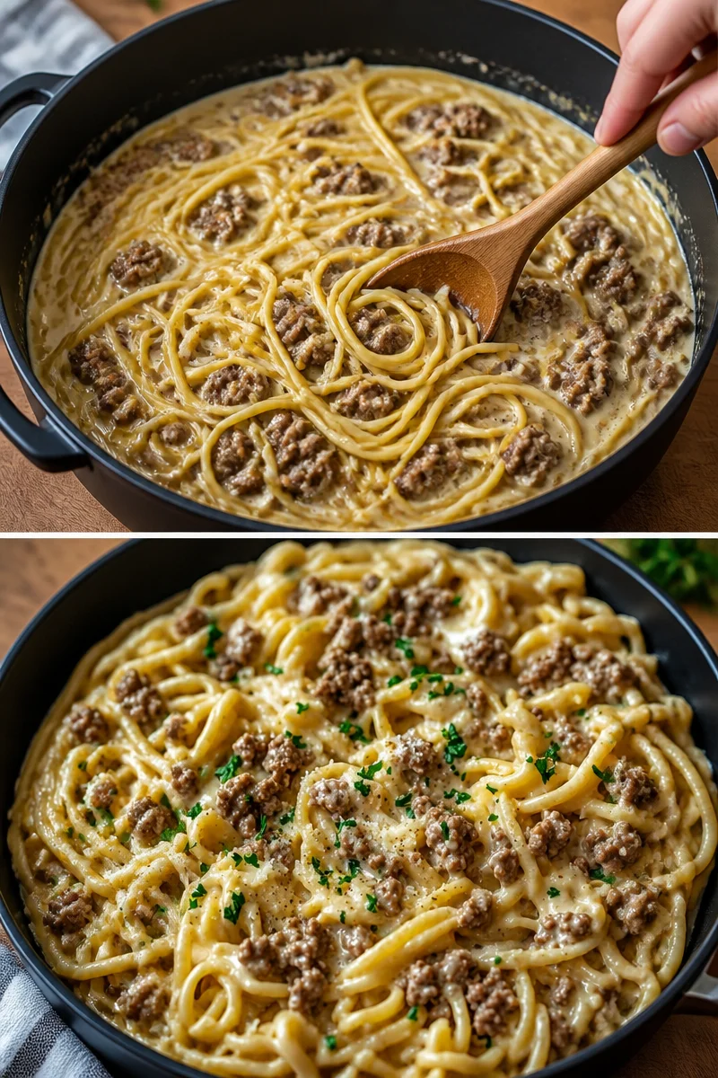 Cremige Knoblauchbutter-Pasta mit Hackfleisch in einem Topf zubereitet.