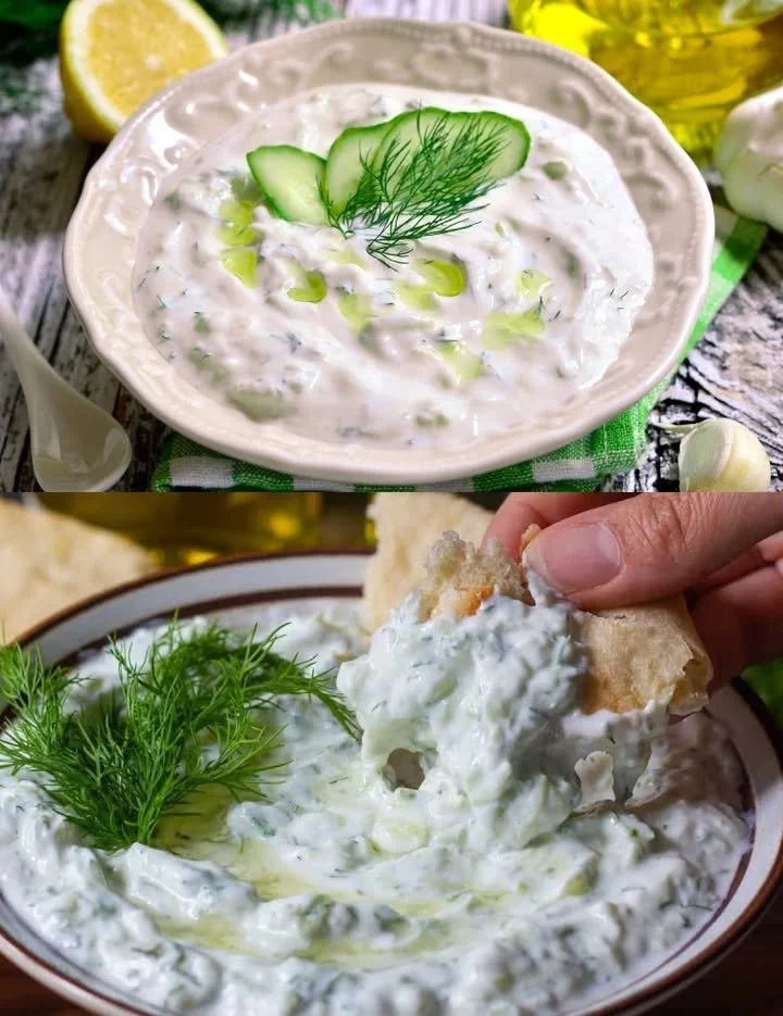 Cremiger Gurkenquark in einer Schüssel mit frischen Gurkenstücken
