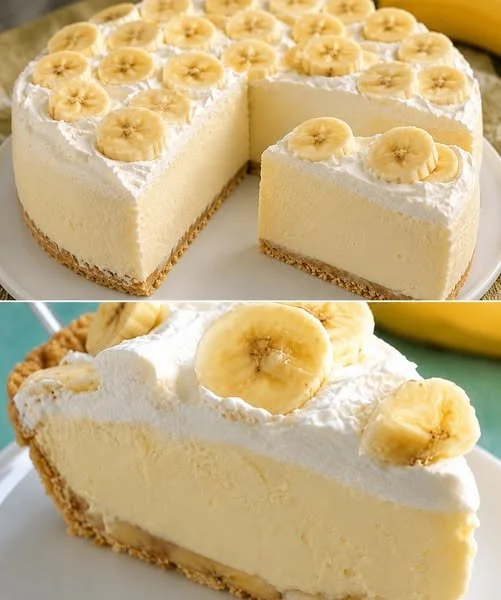 Leckere sanfte Bananentorte auf einem Teller mit Banane und Sahne