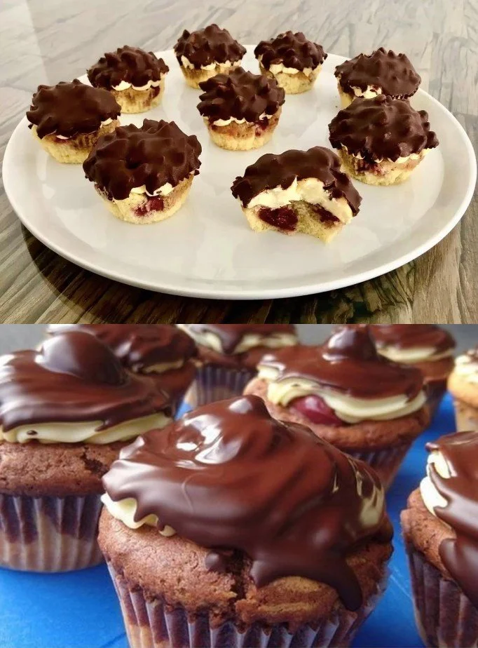 Leckere Donauwellen Muffins mit Schokolade und Kirschen