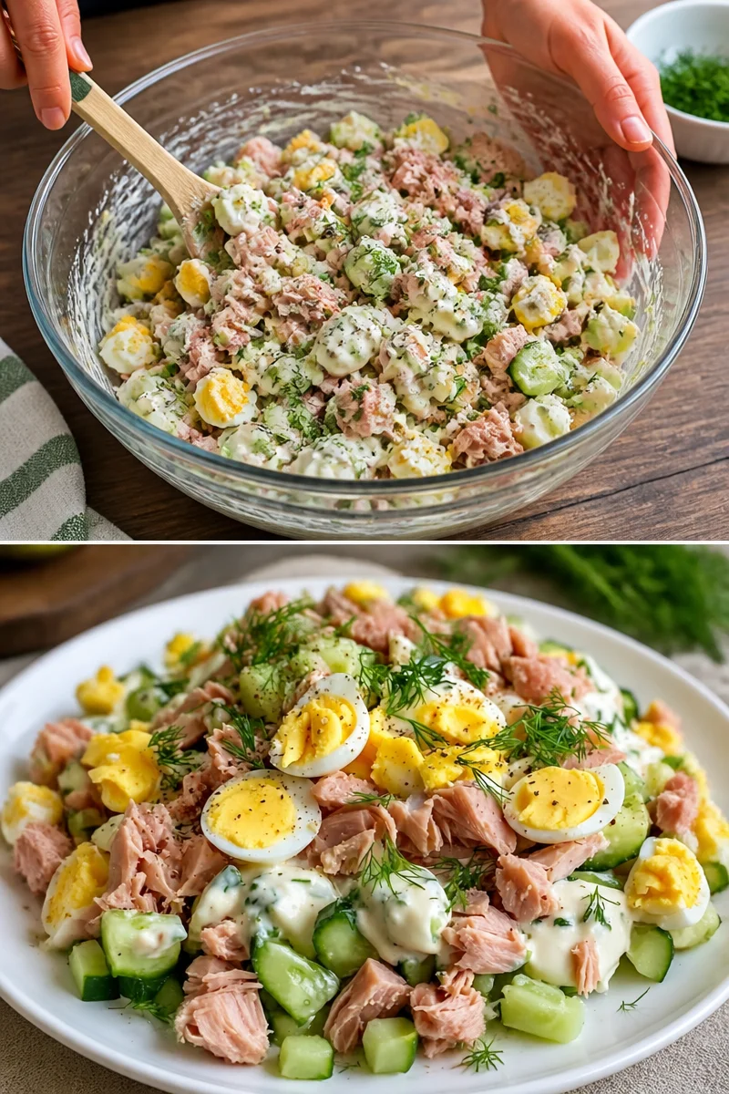 Eier-Gurken-Thunfischsalat auf einem Teller mit frischen Zutaten