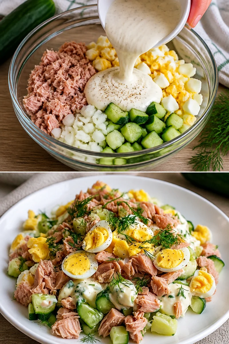 Leckere Eier-Gurken-Thunfischsalat mit frischen Zutaten
