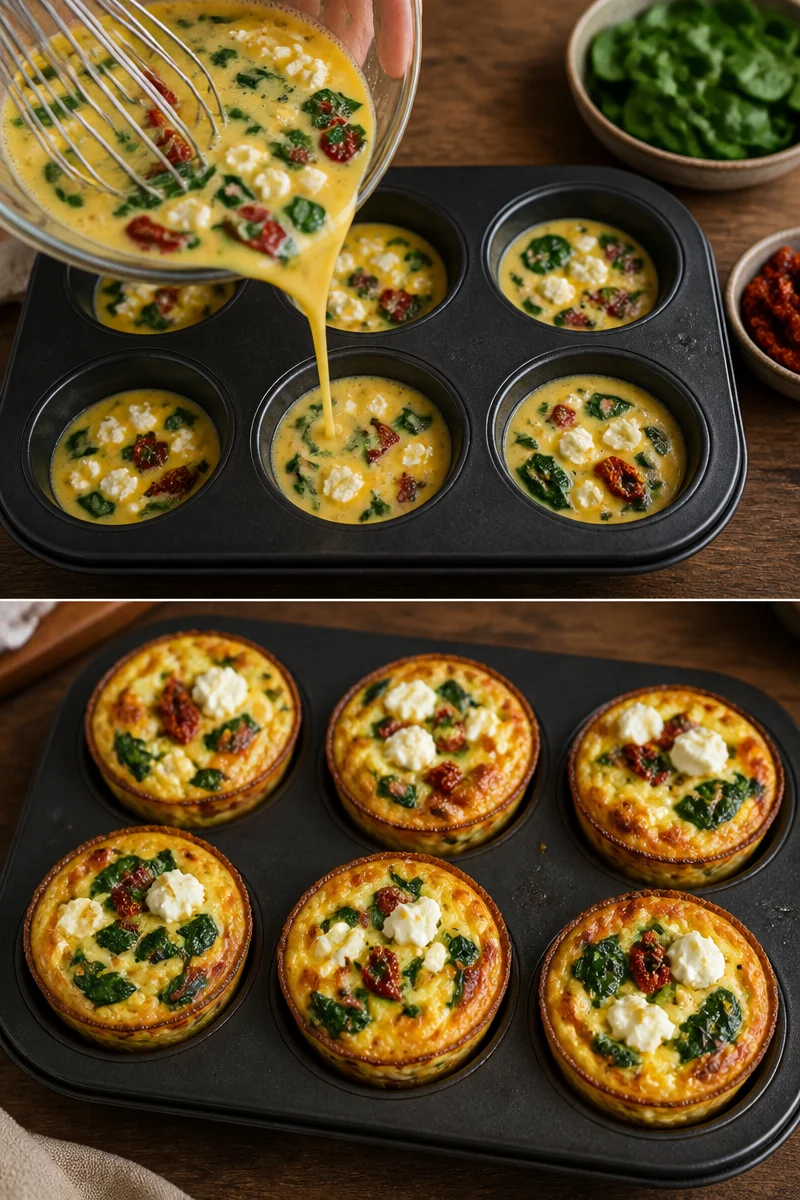 Eier-Muffins mit Spinat, Feta und getrockneten Tomaten auf einem Teller