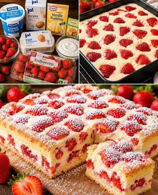 Erdbeerkuchen mit Vanillepudding auf einem eleganten Dessertteller.