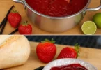 Erdbeermarmelade mit Vanille in einem Glas