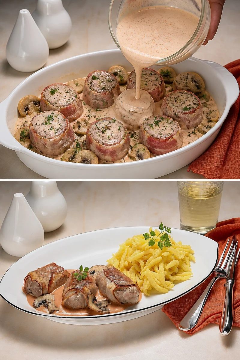 Zartes Filet im Speckmantel serviert mit frisch zubereiteten Spätzle