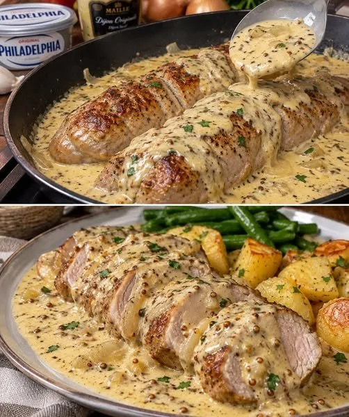 Filetbraten in Frischkäse Senfsauce zubereitet und serviert auf einem Teller.