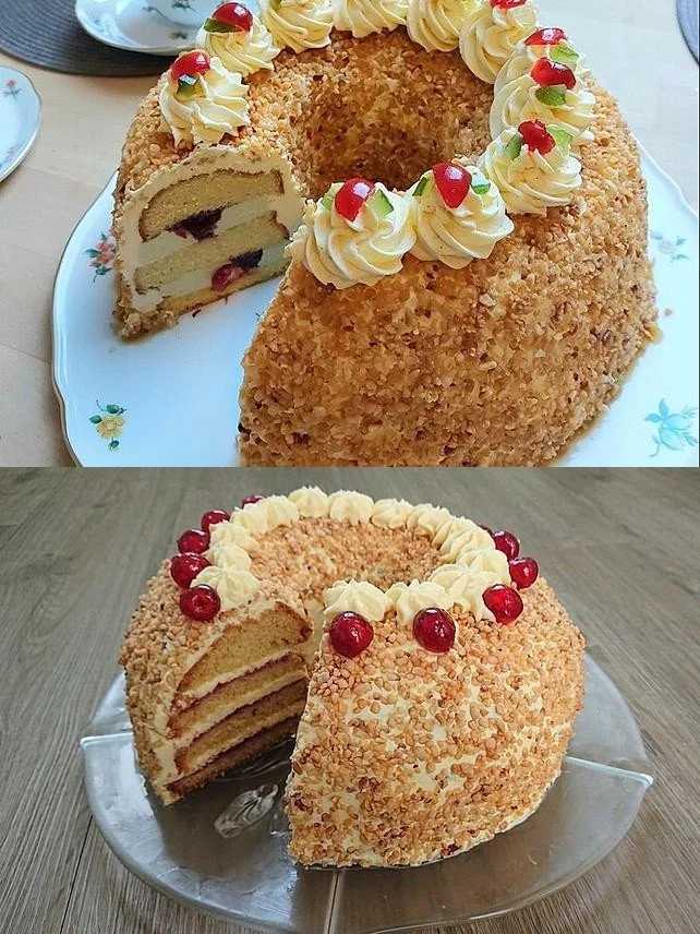 Leckerer Frankfurter Kranz aus Biskuit- und Rührteig auf einem eleganten Teller