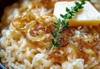 Schüssel mit französischem Zwiebelbutterreis, verfeinert mit Zwiebeln und Kräutern.