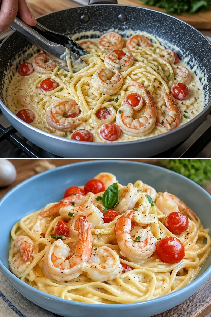 Garnelen-Spaghetti in Knoblauch-Frischkäsesauce serviert auf einem Teller