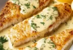 Gebackener Fisch serviert mit Zitronen-Cremesauce