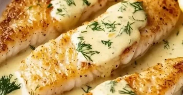 Gebackener Fisch serviert mit Zitronen-Cremesauce