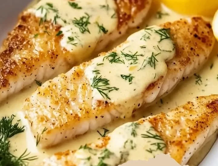 Gebackener Fisch serviert mit Zitronen-Cremesauce