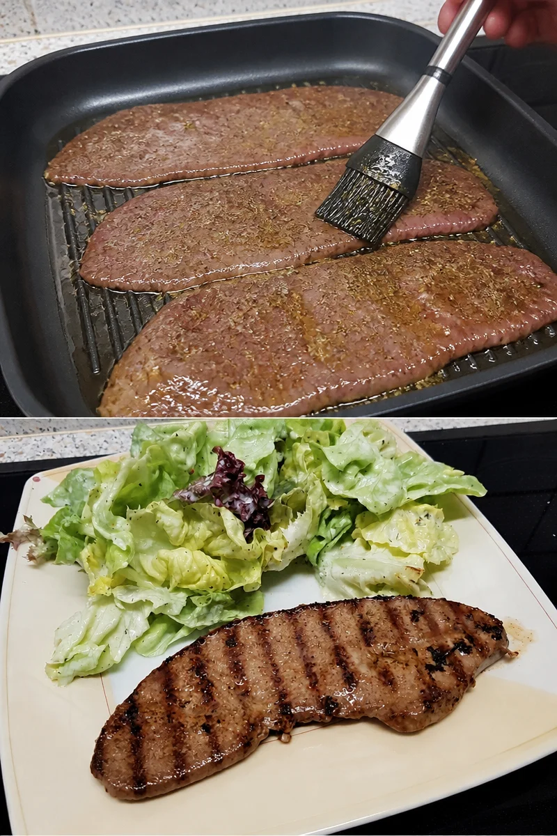 Gegrillte Rinderleber à la Duchemin auf dem Grill serviert.