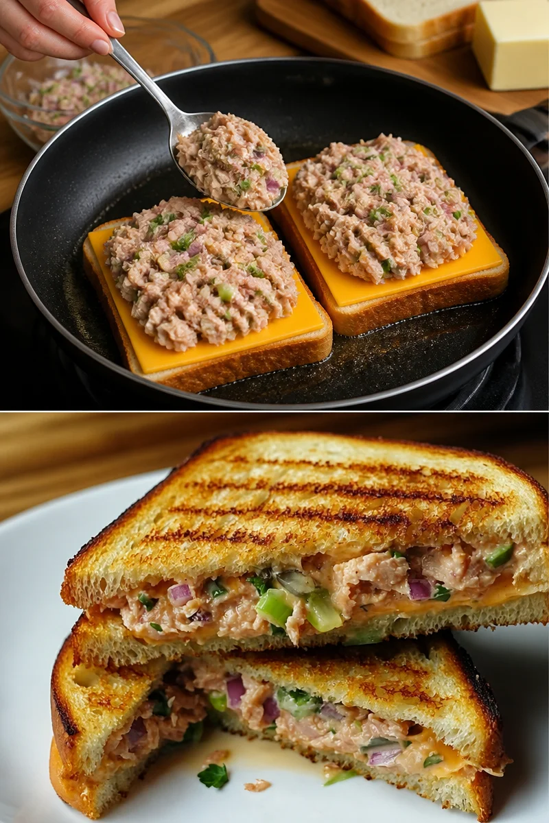 Gegrilltes Thunfisch-Käse-Sandwich auf einem Holzbrett, serviert mit Kräutern.