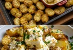 Geröstete Kartoffeln mit gebackenem Feta und Knoblauch auf einem Teller serviert