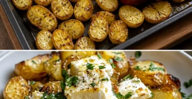 Geröstete Kartoffeln mit gebackenem Feta und Knoblauch auf einem Teller serviert