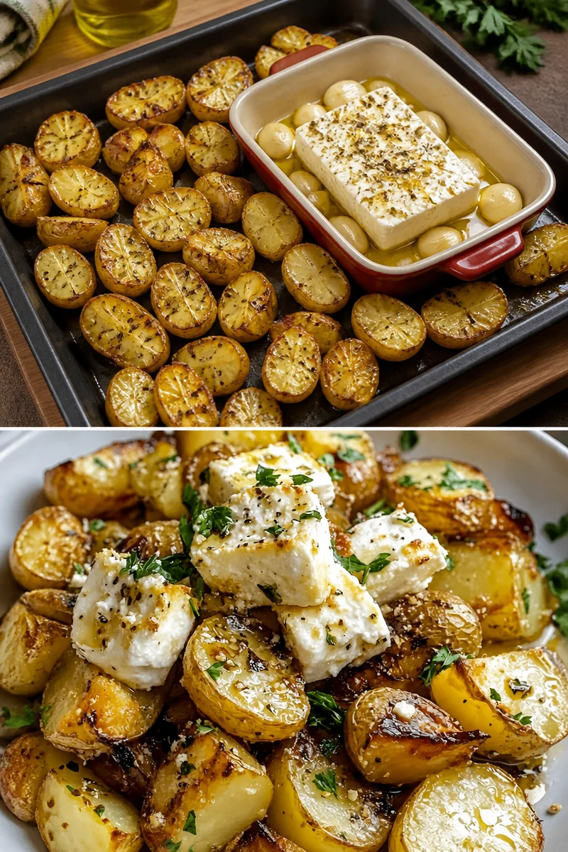 Geröstete Kartoffeln mit gebackenem Feta und Knoblauch auf einem Teller serviert