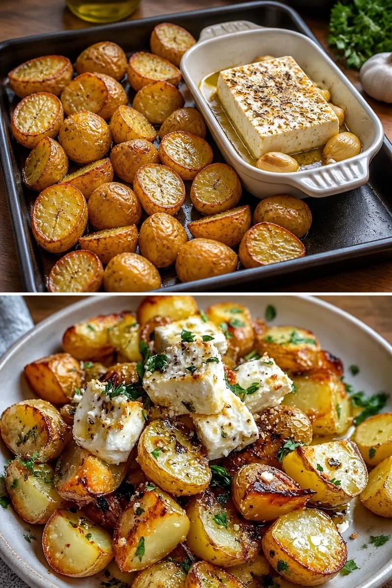 Geröstete Kartoffeln mit gebackenem Feta und frischem Knoblauch auf einem Teller
