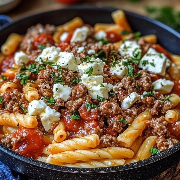 Griechische Nudelpfanne mit Hackfleisch und Feta auf einem Teller serviert