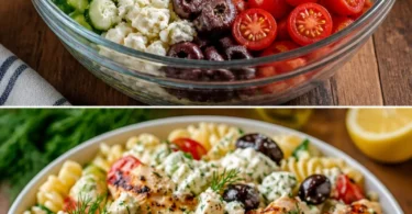 Eine Schüssel griechischer Hähnchen-Tzatziki-Pasta-Salat mit frischen Zutaten.