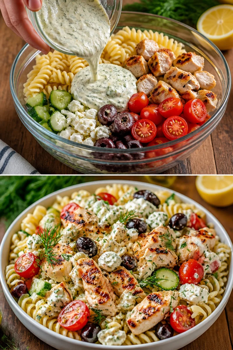 Eine Schüssel griechischer Hähnchen-Tzatziki-Pasta-Salat mit frischen Zutaten.