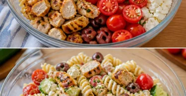 Griechischer Hühnchen-Tzatziki-Pasta-Salat mit frischen Zutaten und Geschmäckern.