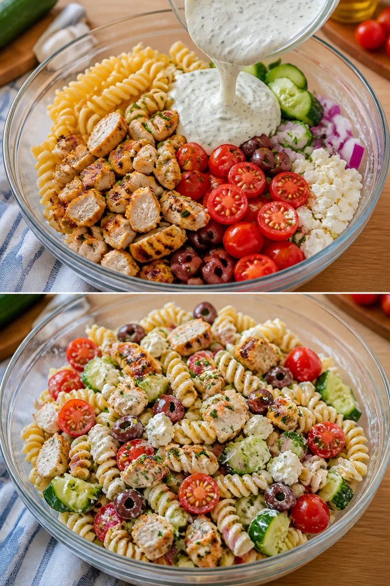 Griechischer Hühnchen-Tzatziki-Pasta-Salat mit frischen Zutaten und Geschmäckern.