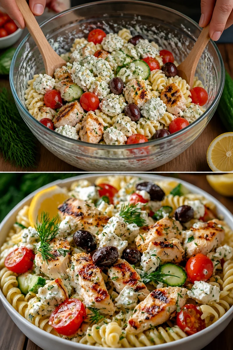 Griechischer Hähnchen-Tzatziki-Pasta-Salat mit frischen Zutaten