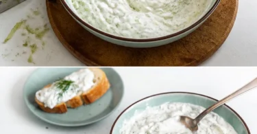 Griechisches Tsatsiki selbstgemacht mit Joghurt, Gurken, und Knoblauch