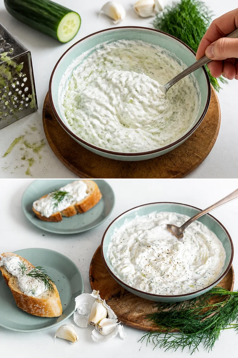 Griechisches Tsatsiki selbstgemacht mit Joghurt, Gurken, und Knoblauch