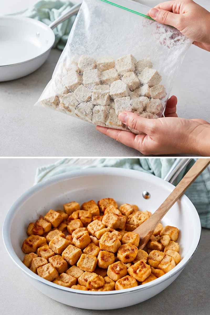 Knusprig gebratener Tofu auf einem weißen Teller mit Gemüse