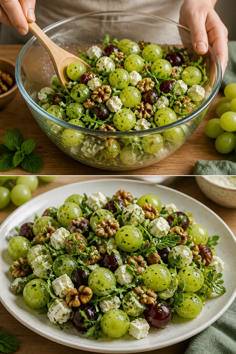 Grüner Trauben-Salat mit Feta in einer Schüssel angerichtet