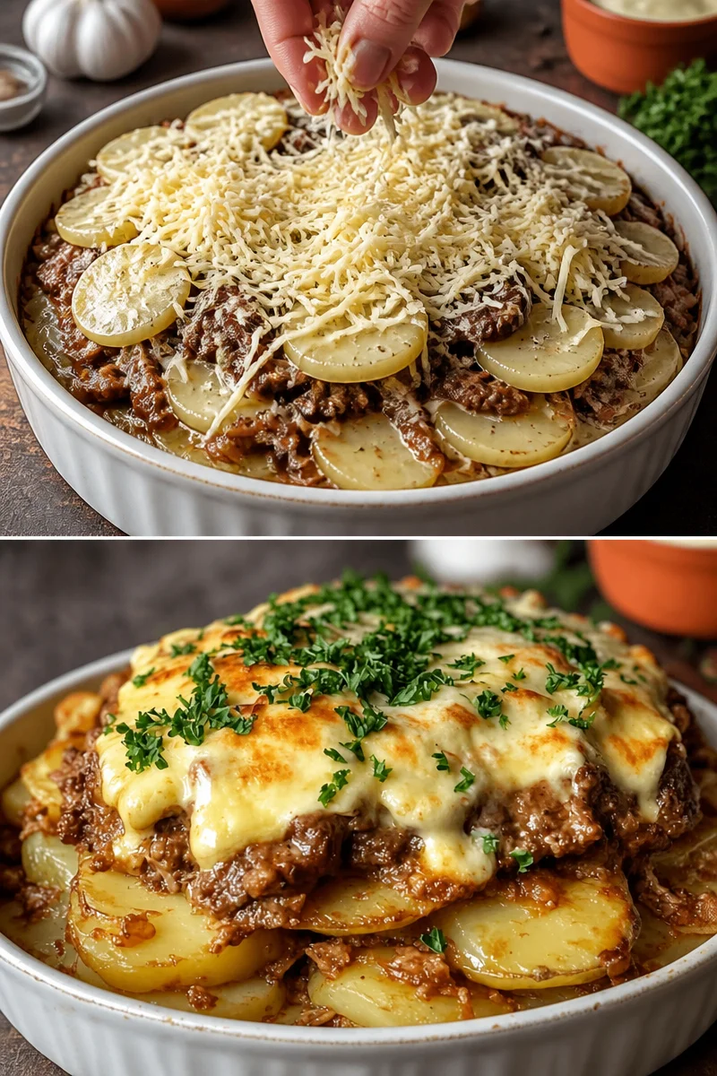 Leckerer Gyros-Auflauf mit Knoblauch und Sauce Hollandaise auf einem Teller.