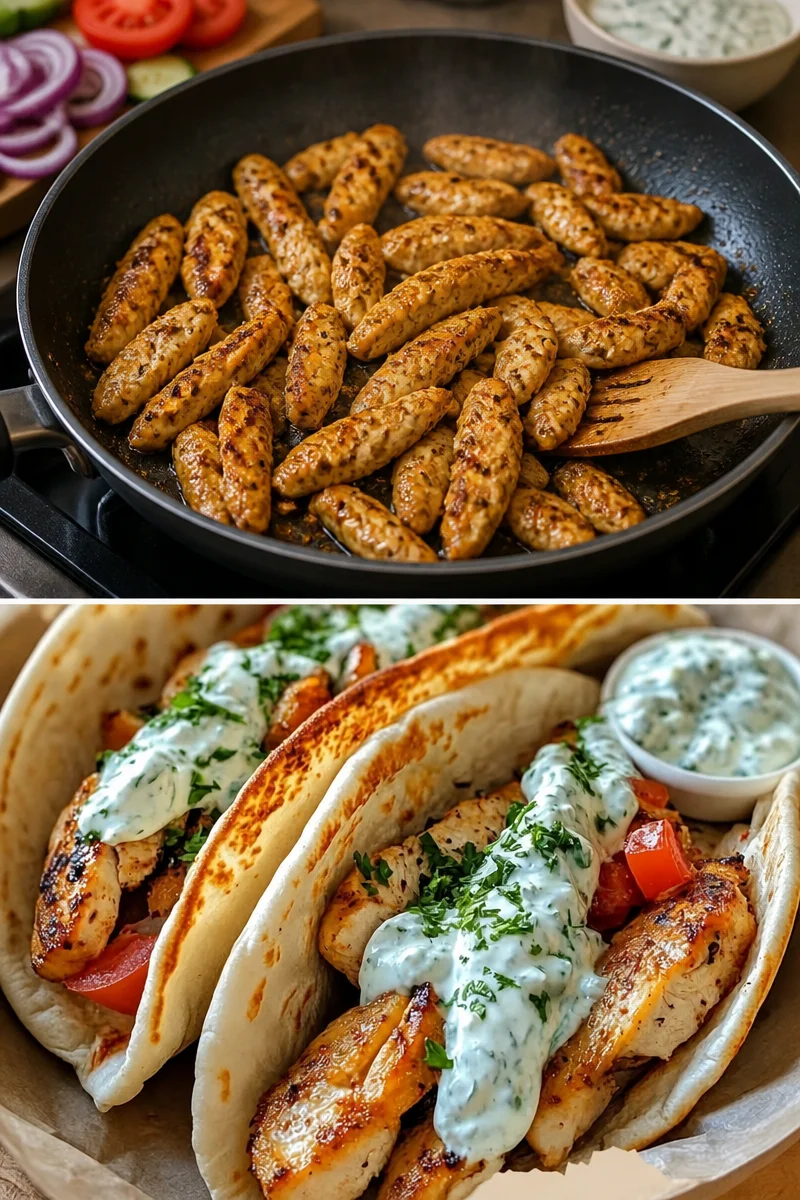 Hähnchen-Gyros mit cremiger Feta-Tzatziki-Sauce auf einem Teller serviert.
