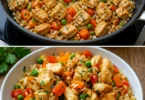 Hähnchen mit Reis und Gemüse in der Pfanne zubereitet