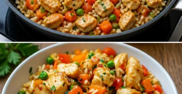 Hähnchen mit Reis und Gemüse in der Pfanne zubereitet