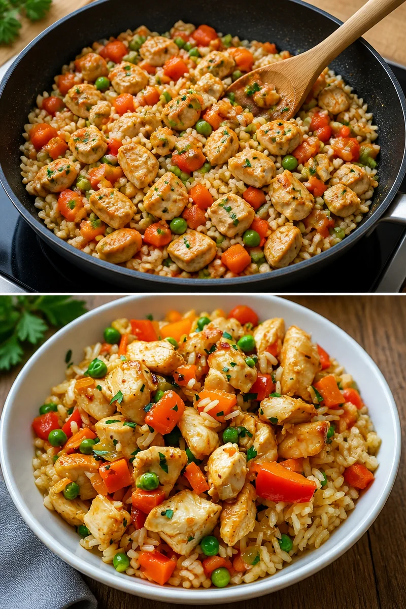 Hähnchen mit Reis und Gemüse in der Pfanne zubereitet
