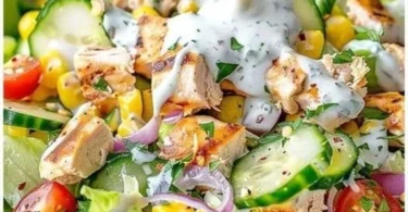Hähnchen Salat mit Knoblauchsauce auf einem bunten Teller angerichtet