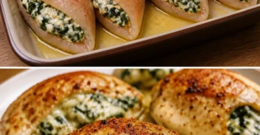 Gefüllte Hähnchenbrust mit Spinat und Käse auf einem Teller serviert