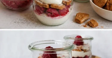 Leckeres Himbeer-Dessert mit Speculoos-Keksen im Glas