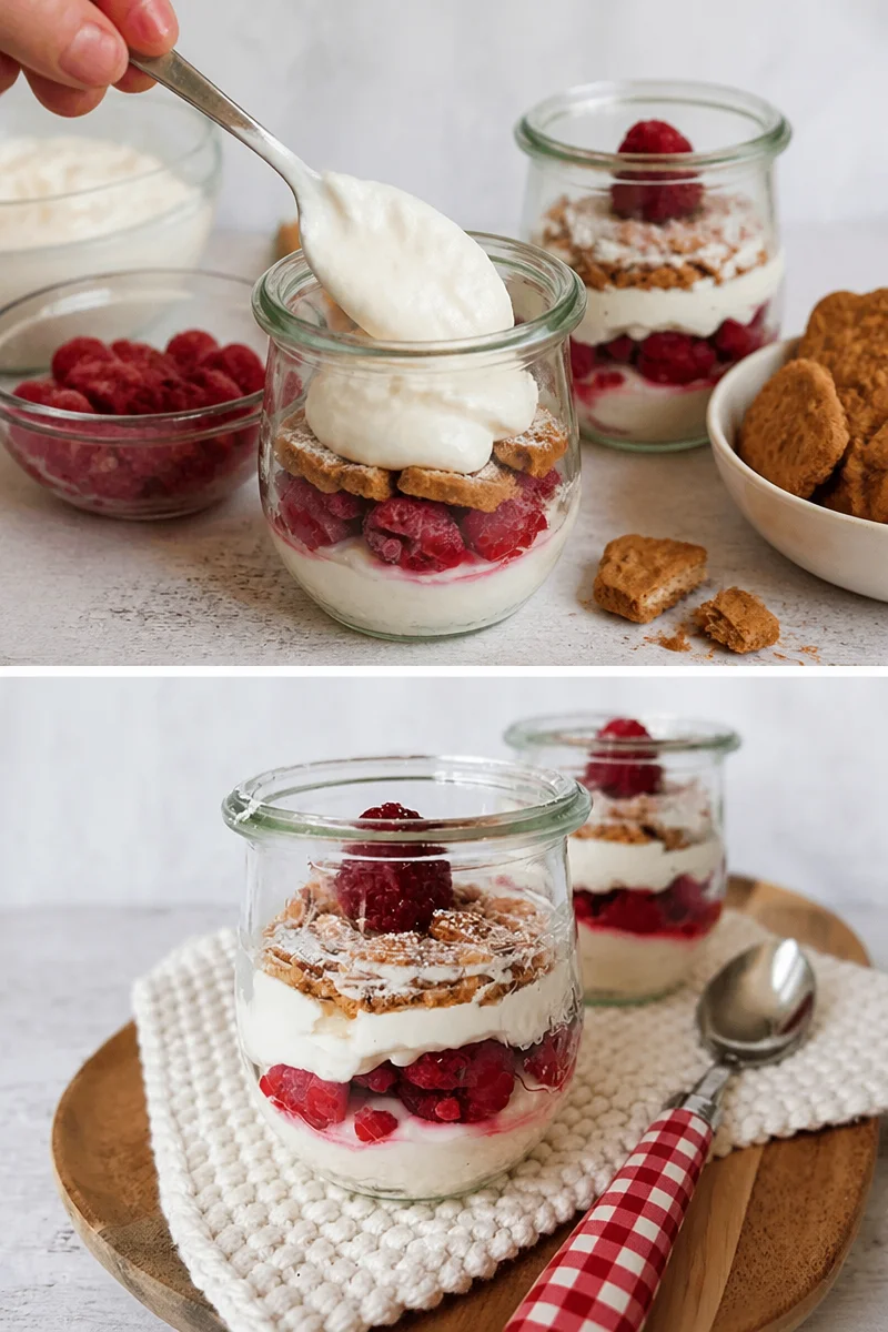 Leckeres Himbeer-Dessert mit Speculoos-Keksen im Glas