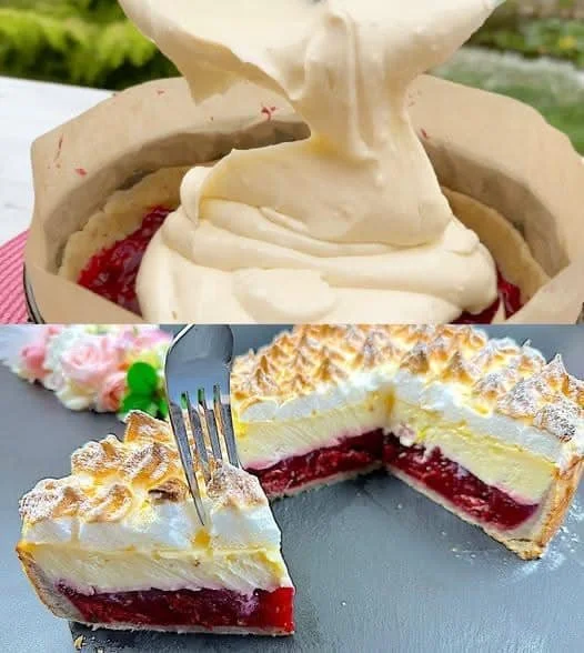 Himmelstorte mit Sauerkirschen auf einem eleganten Dessertteller