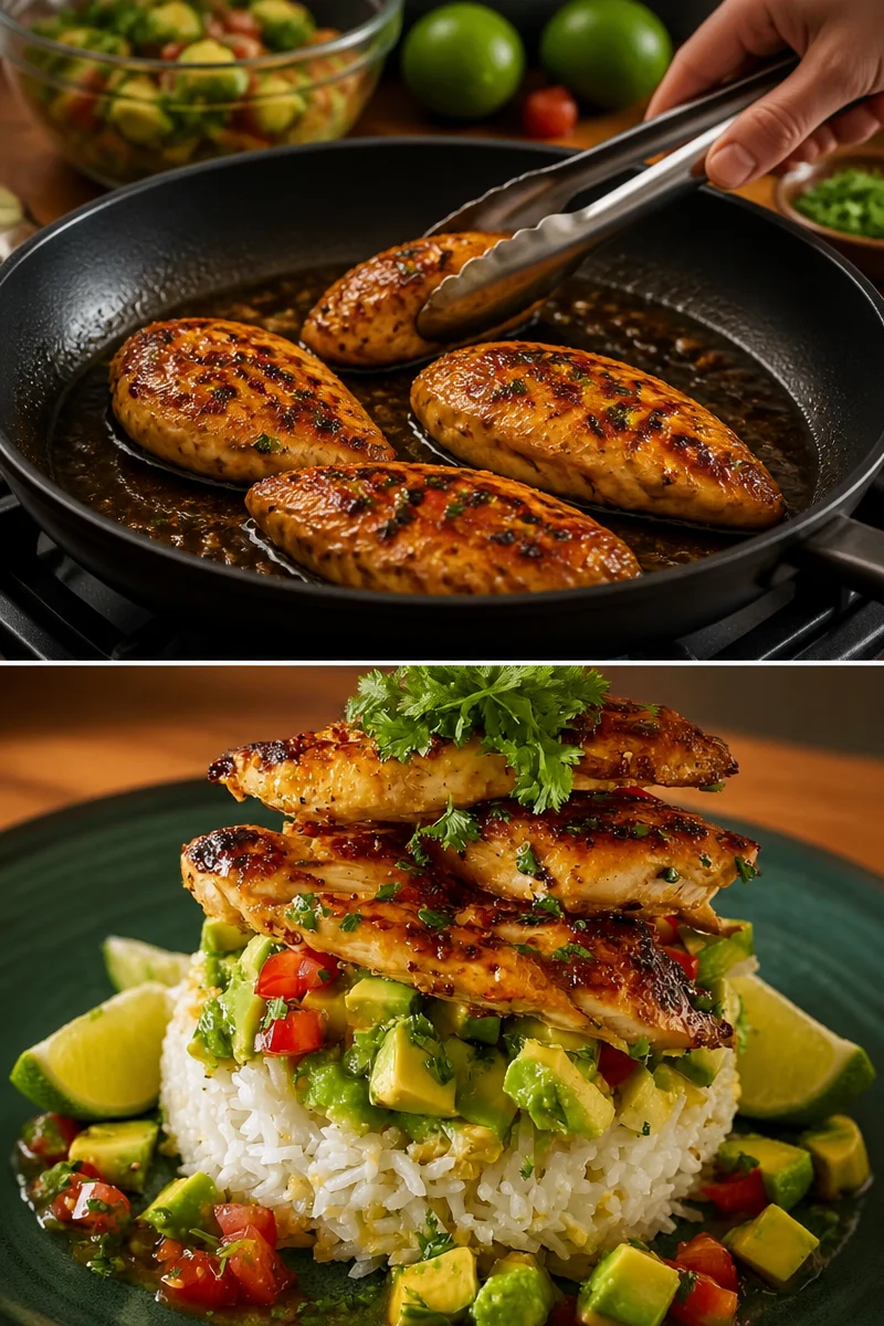 Honig-Limetten-Hühnchen serviert mit Avocado-Reis-Stack.