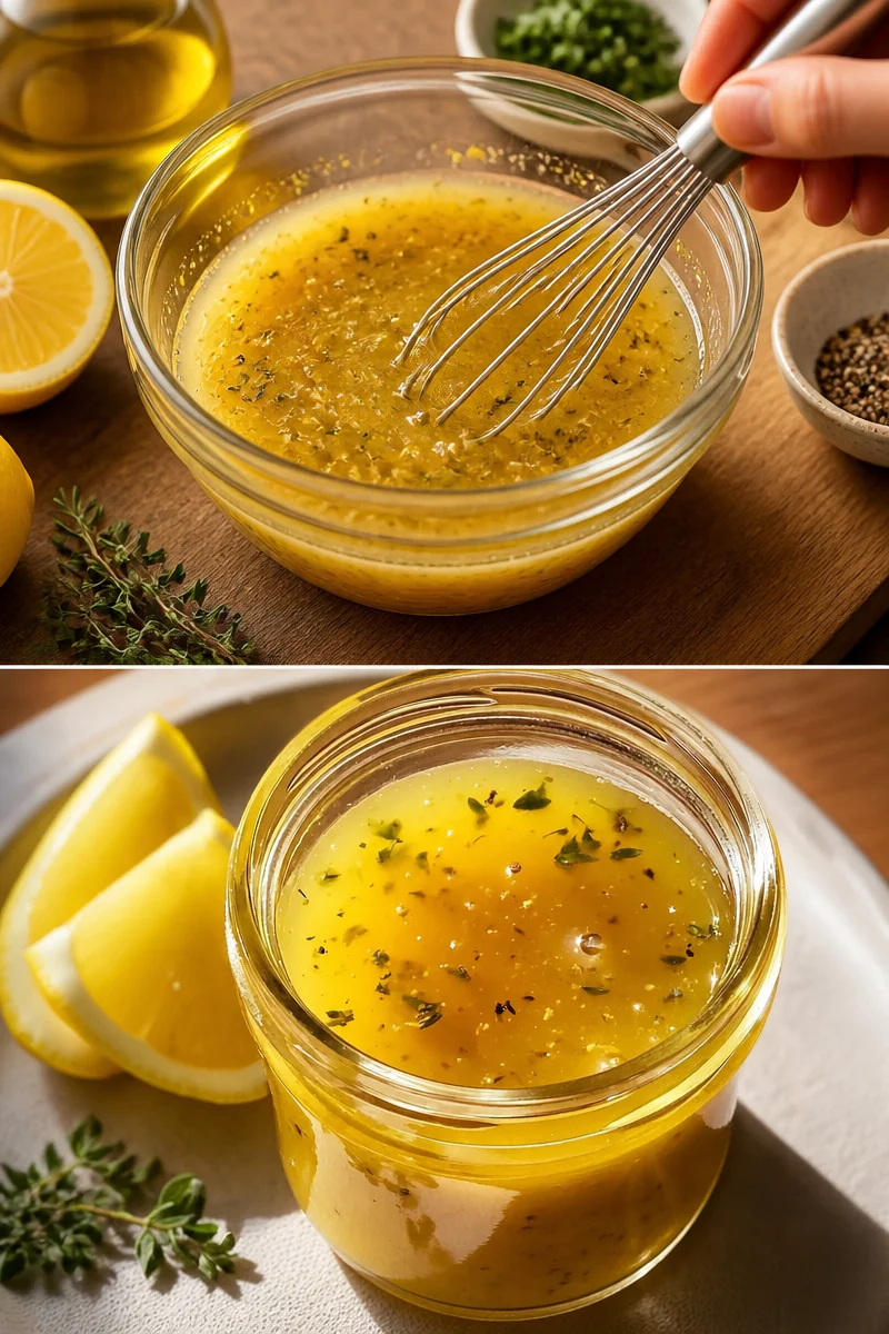 Schüssel mit Honig-Senf-Vinaigrette und frischen Zitronenscheiben