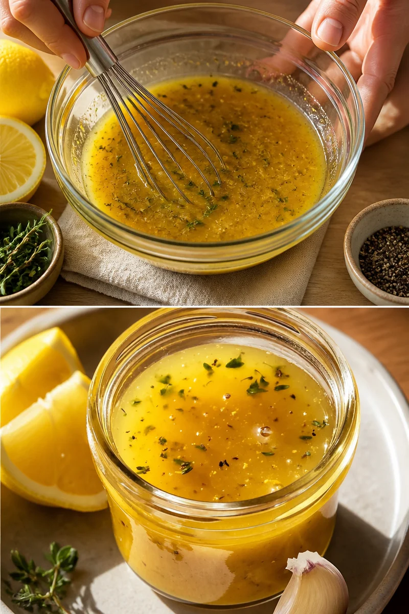 Schüssel mit Honig-Senf-Zitronen-Vinaigrette für Salate
