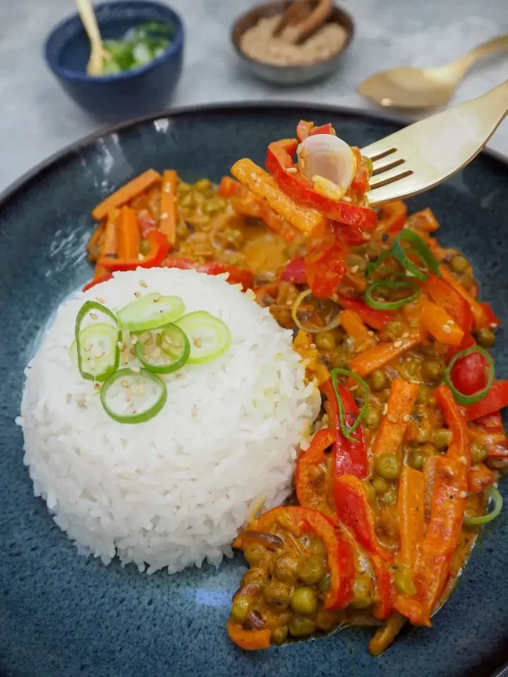 Indisches Gemüse-Curry mit Reis in einer bunten Schüssel serviert